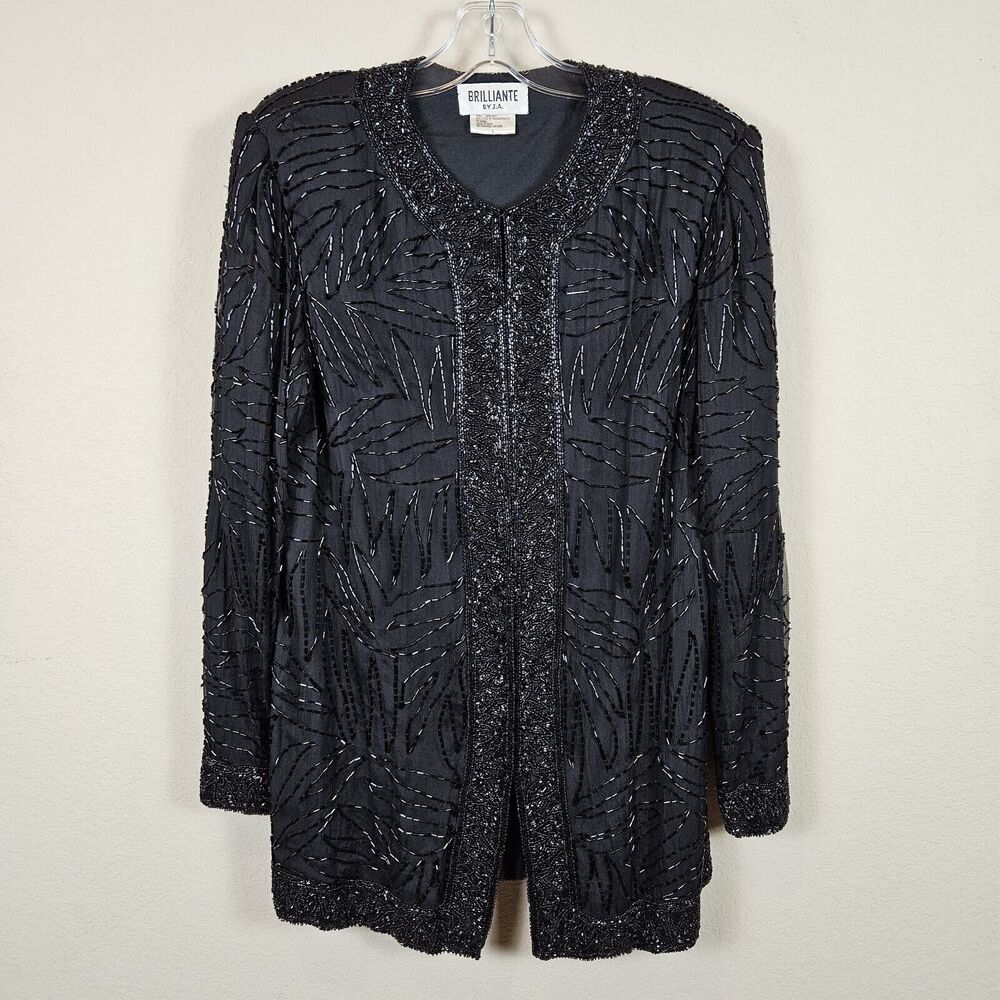 Vintage Beaded Silk Jacket L Formal 80s Coat Elegant Black Party Wedding Blazer